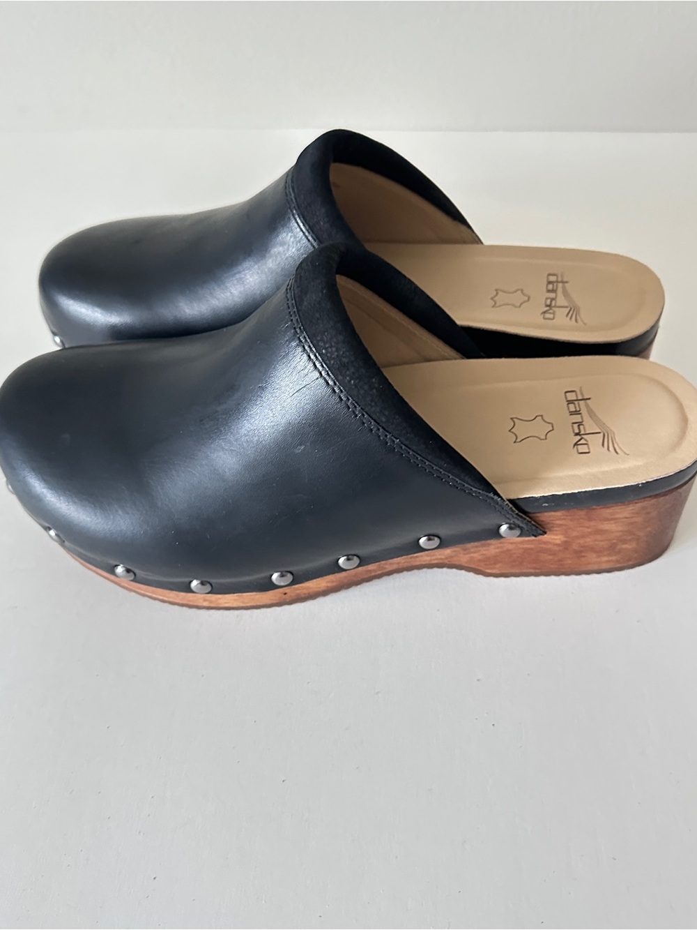 NEW Dansko Andie Black Leather Mule Clogs with Wood Sole, Sz 40